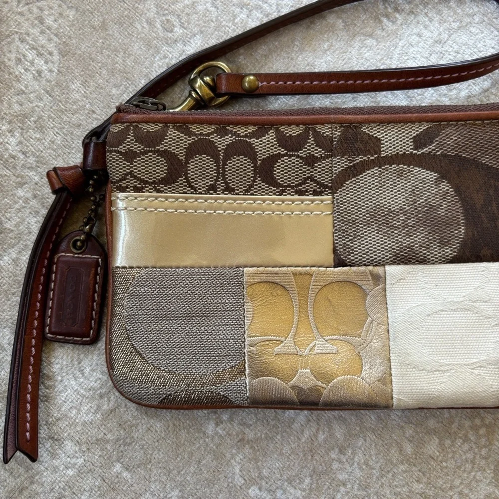 Coach Patchwork Zippered Wristlet Signature C Leather Suede Metallic Snakeskin